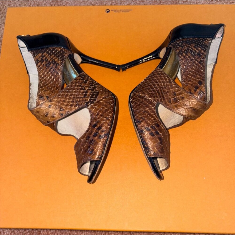 Michael Kors Elena Brown Snakeskin Leather Black Patent Heels Open Toe Sandals 6 - Picture 5 of 14